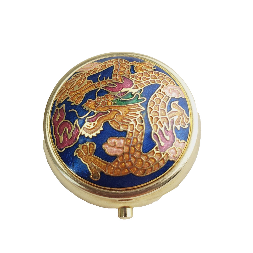 Vintage Chinese Dragon Blue Enamel & Gold Cloisonne Snuff Pill Trinket Box 2”